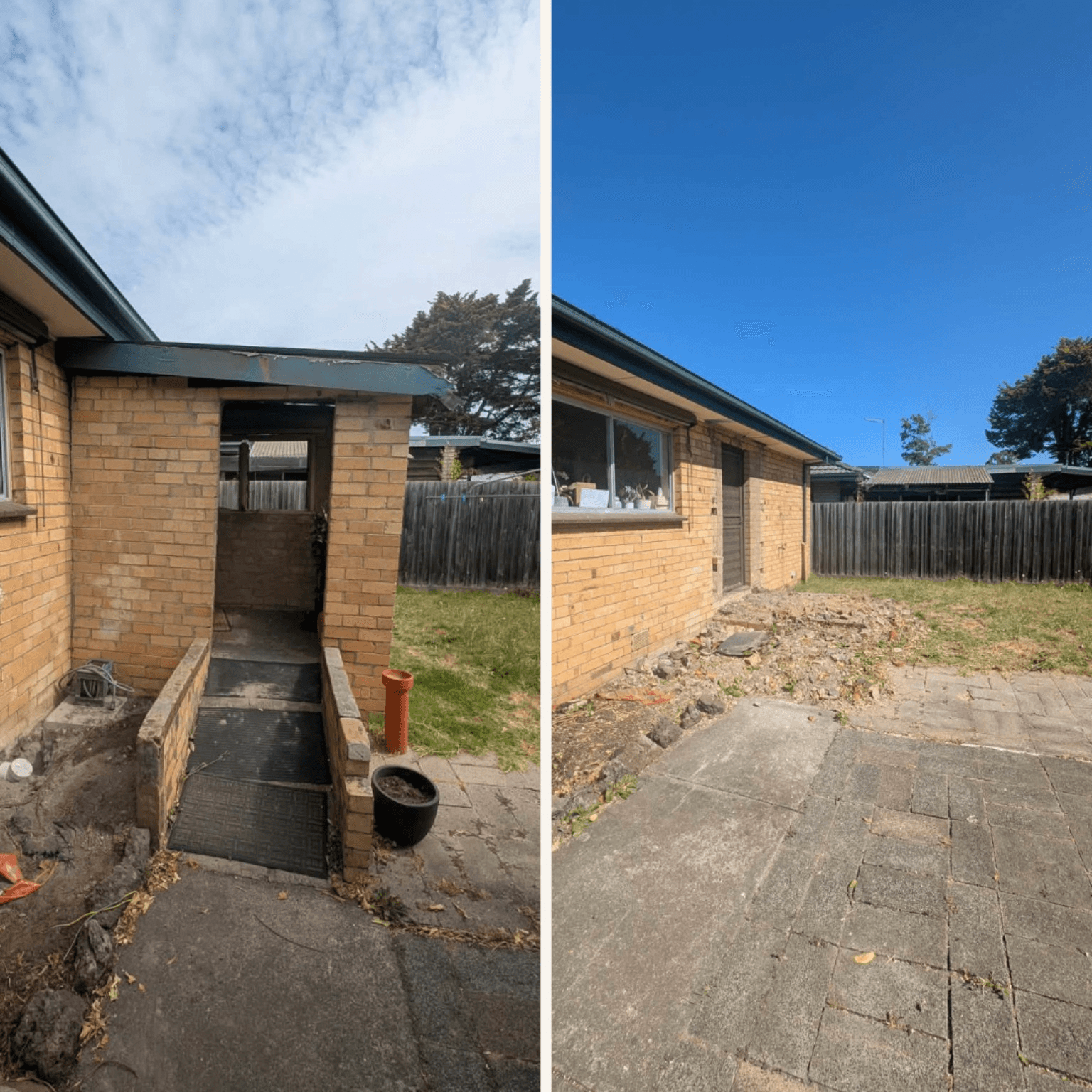 Before and after of an overgrown garden clean-up