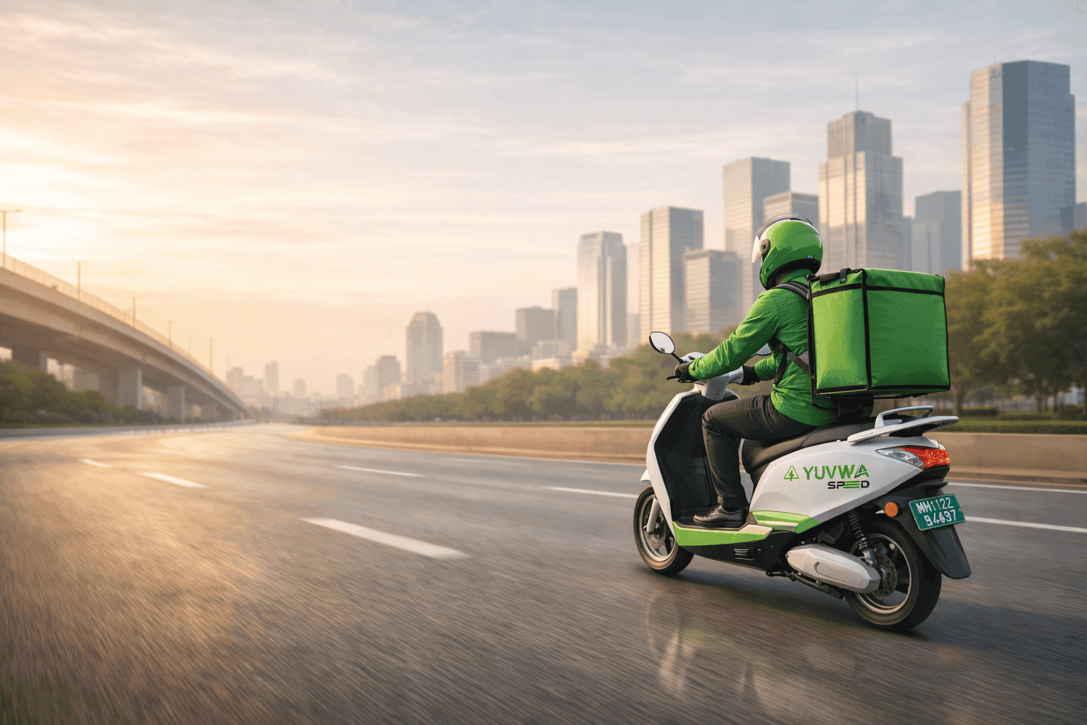Yuvwaa Green electric delivery scooter on city road for sustainable last-mile delivery.