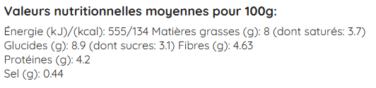 Tableau nutritionnel