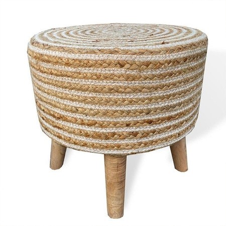 Handcrafted jute rope round stool with wooden legs