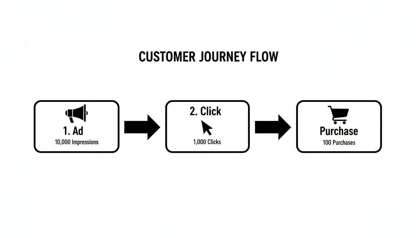 Customer journey flow diagram illustrating ad impressions, clicks, and purchases with conversion metrics.