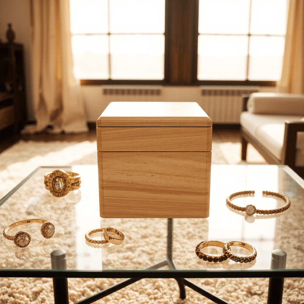 product photography of a small wooden box for storage