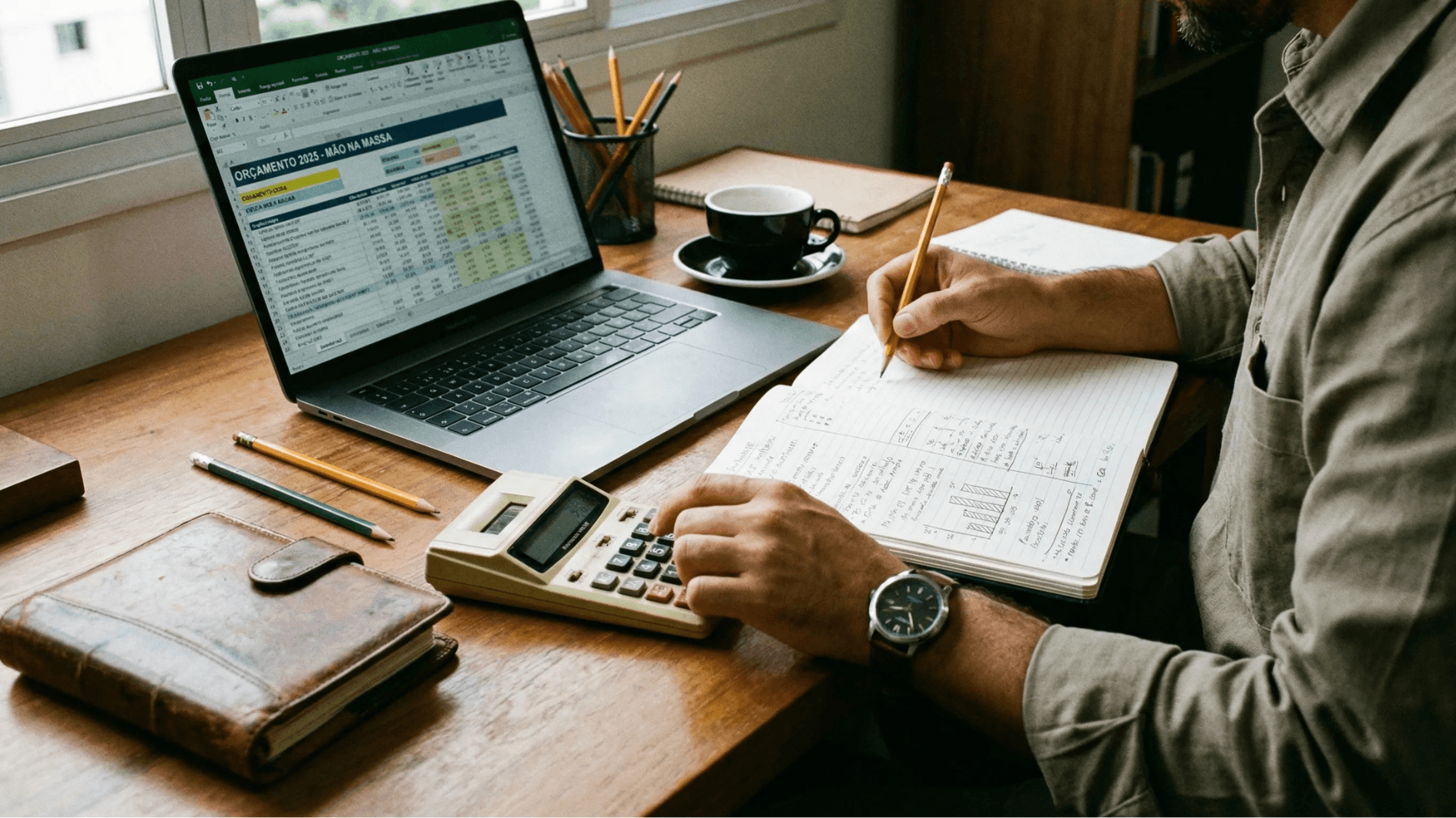 Produtor rural fazendo planejamento econômico de safra, analisando planilhas de custos no notebook e cálculos no caderno, com calculadora e materiais de trabalho sobre a mesa