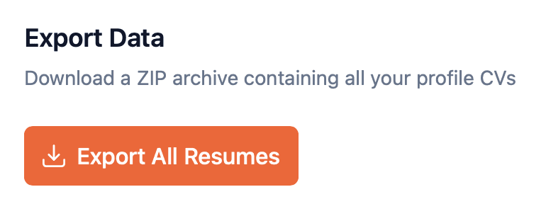 Screenshot of the Export data feature, with a button "Export All Resumes"