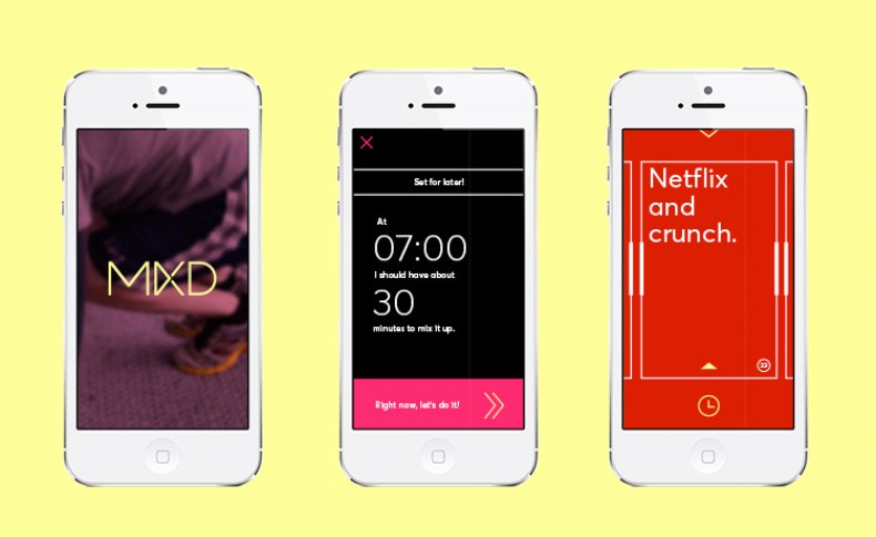 Three white iPhones are displayed against a pale yellow background, each showing a different screen. The leftmost phone displays a purple background with the letters "MXD" in gold. The center phone shows a black screen with the text "Set for later!" and "At 07:00 I should have about 30 minutes to mix it up." The rightmost phone displays a red screen with the text "Netflix and crunch."