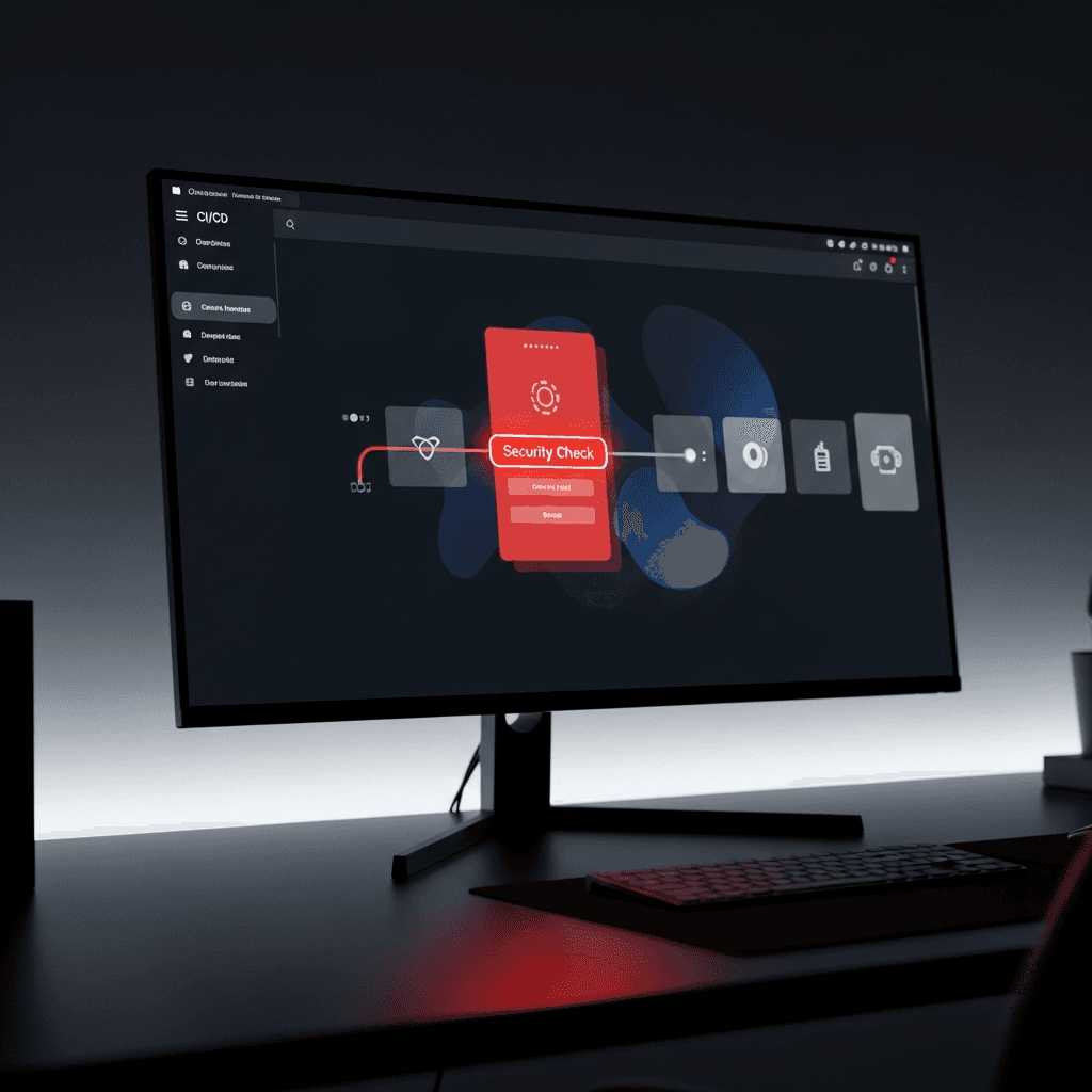 Monitor displaying a CI/CD pipeline with a highlighted red security check step in a dark developer workspace.