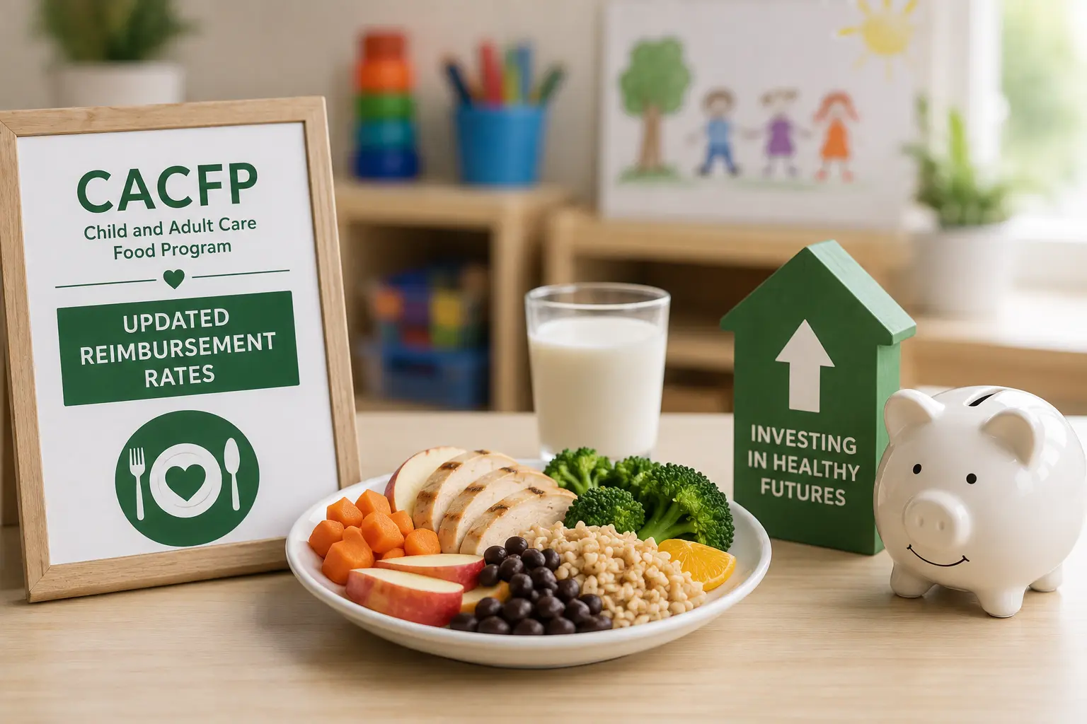 a plate of food next to a clipboard that says "CACFP updated reimbursement rates"