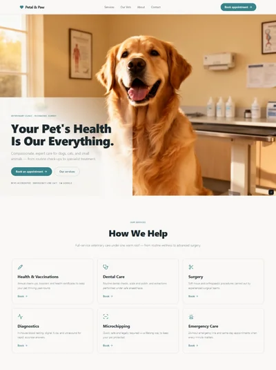 Vet clinic website prompt — warm white and deep teal veterinary clinic website design preview