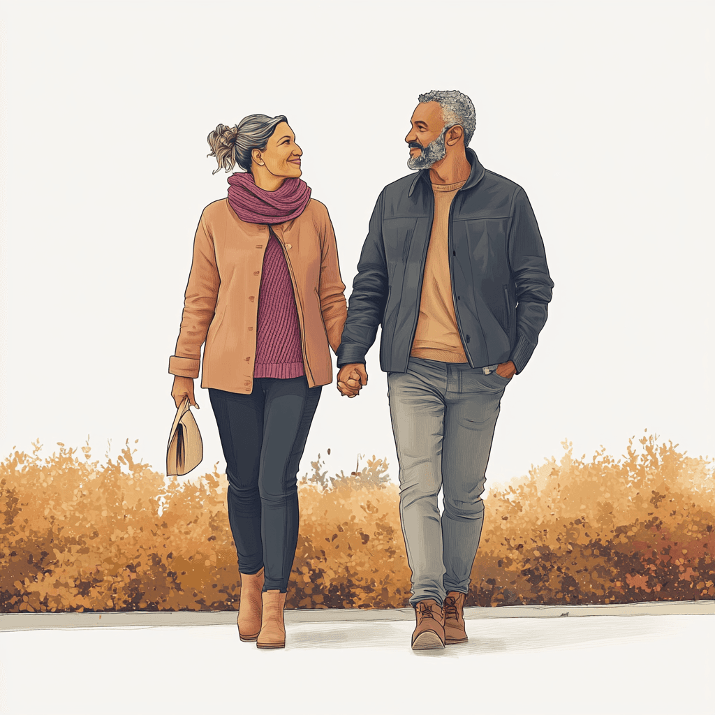 A smiling and content couple walk towards us from low shrubs, hand in hand and happy