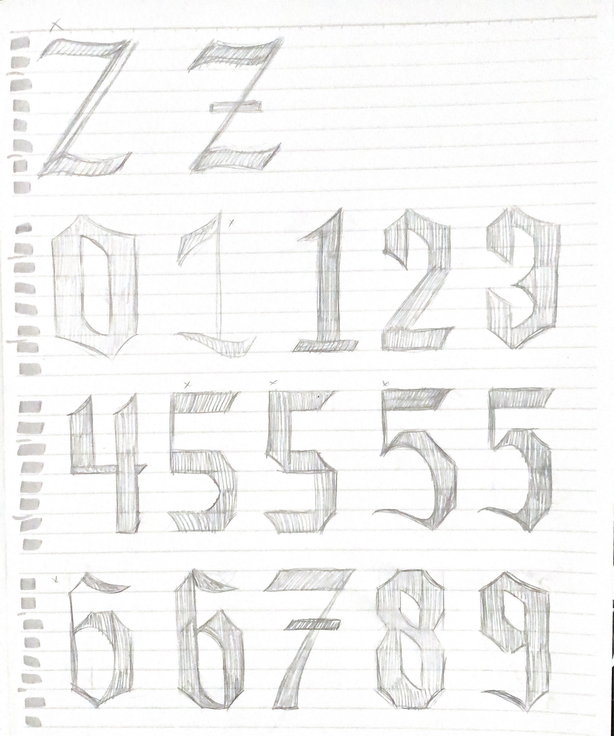 Rough sketches of uppercase blackletter letters and numbers