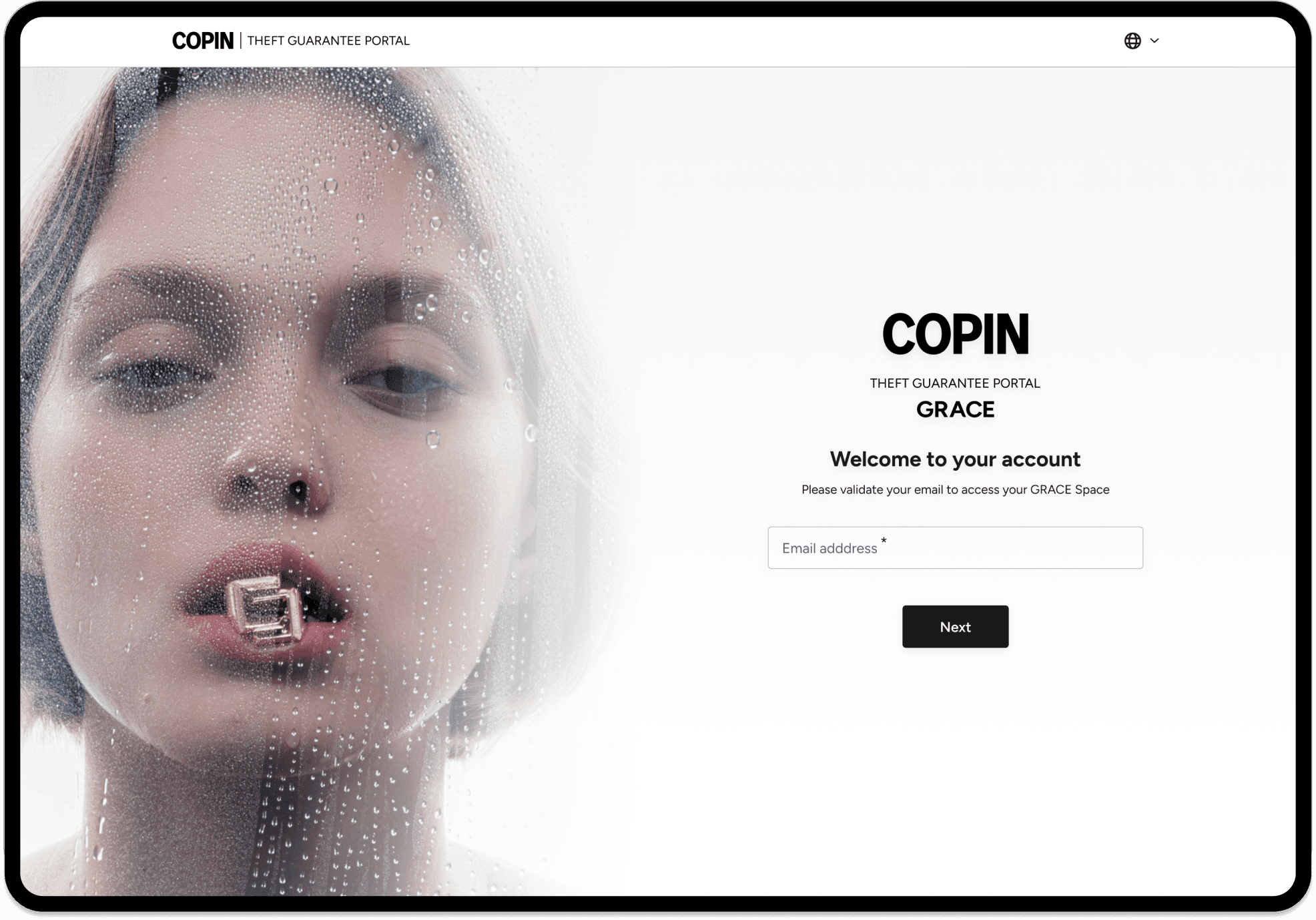 Écran de connexion du portail COPIN x GRACE avec un visuel artistique d'un visage derrière une vitre mouillée
