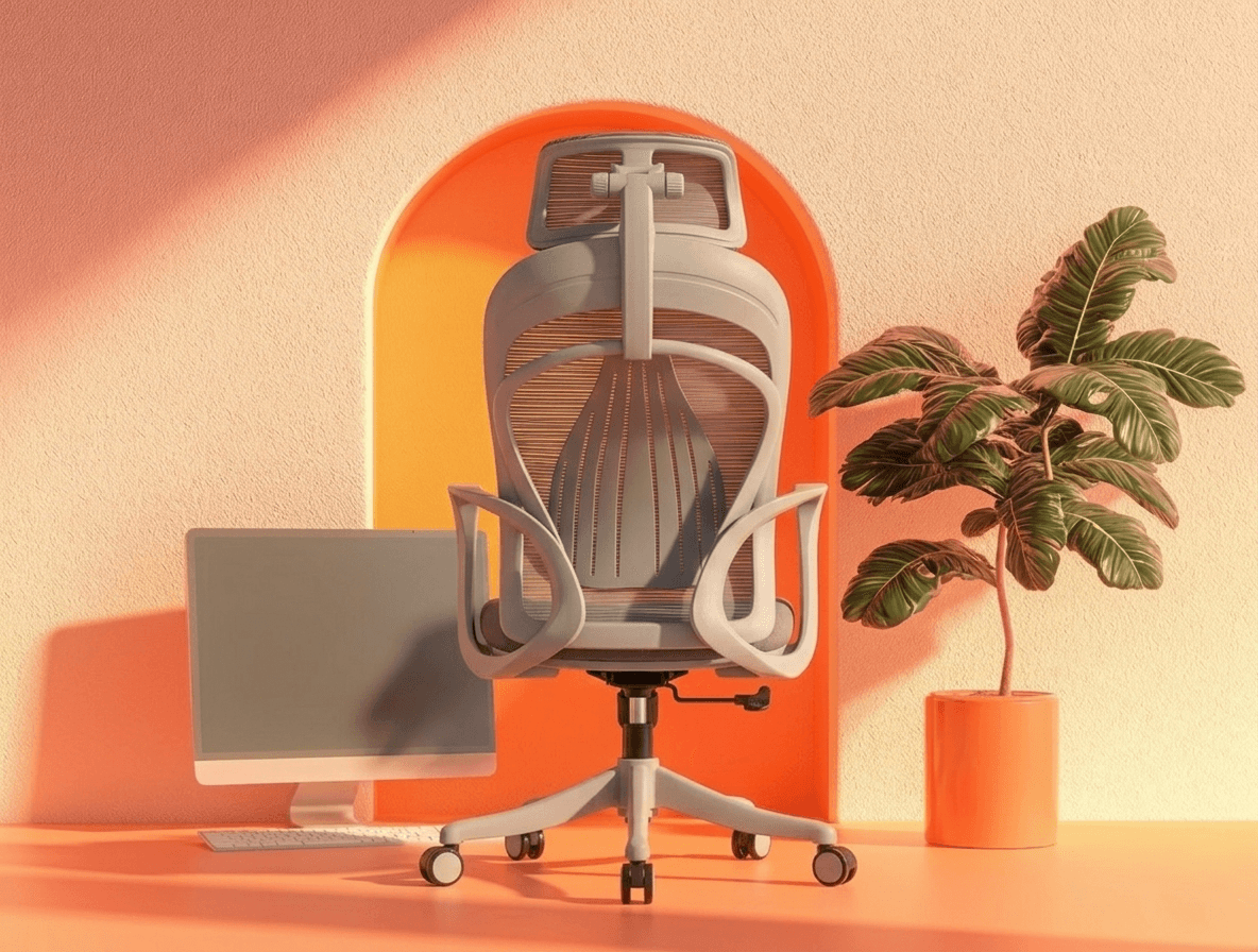 Rear view of a modern ergonomic office chair featuring a high-performance plastic injection molded backrest by SingOFai. The light gray backrest showcases a sophisticated skeletal frame with an integrated lumbar support system and adjustable headrest, set against a minimalist orange and peach architectural background.