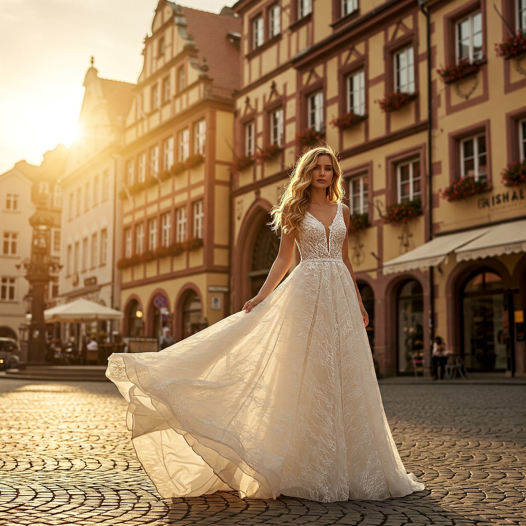 Eine Braut posiert in einem wunderschönen Hochzeitskleid vor der malerischen Kulisse einer deutschen Stadt.