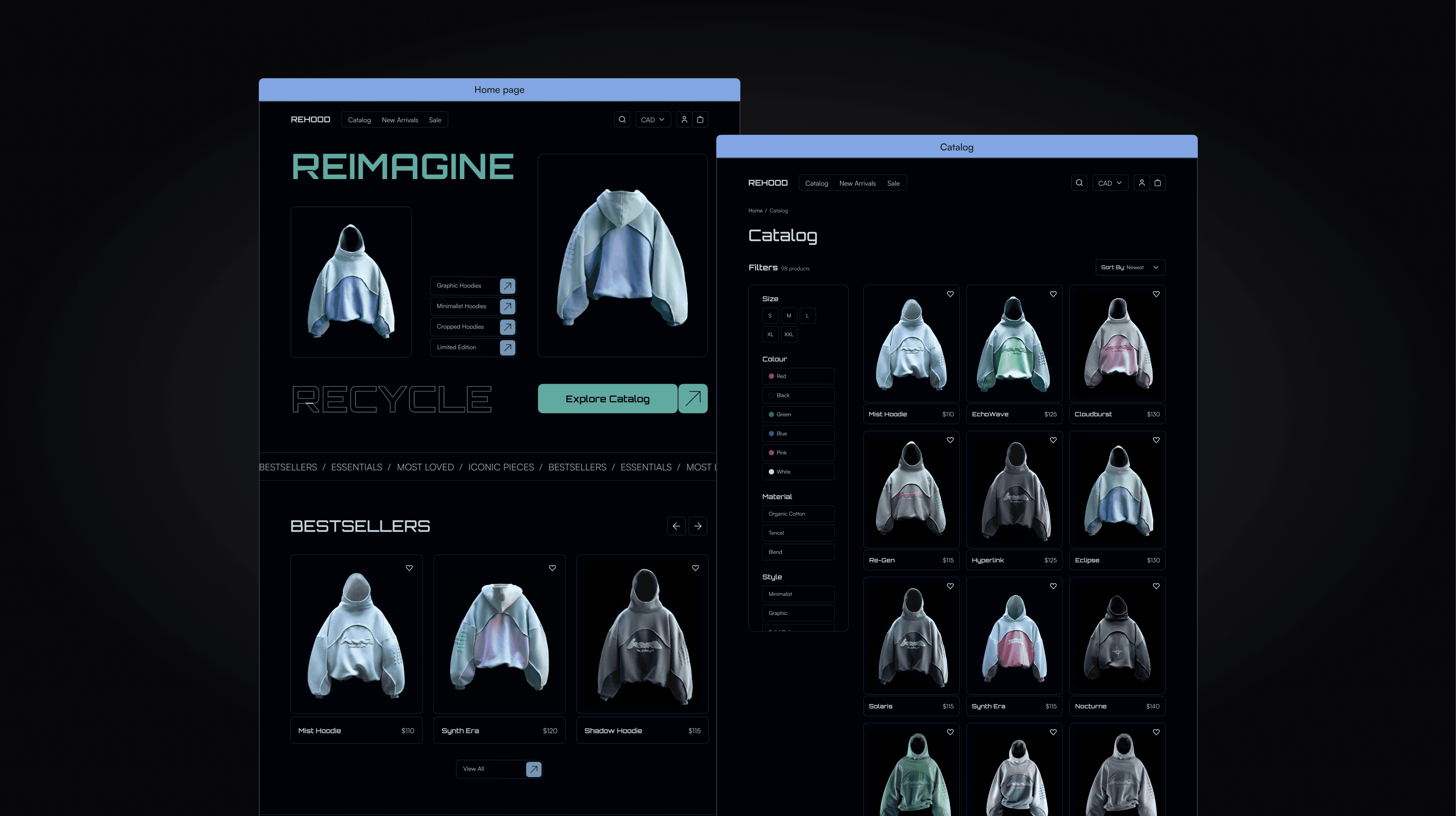 Home page screens plus catalog screens mockups