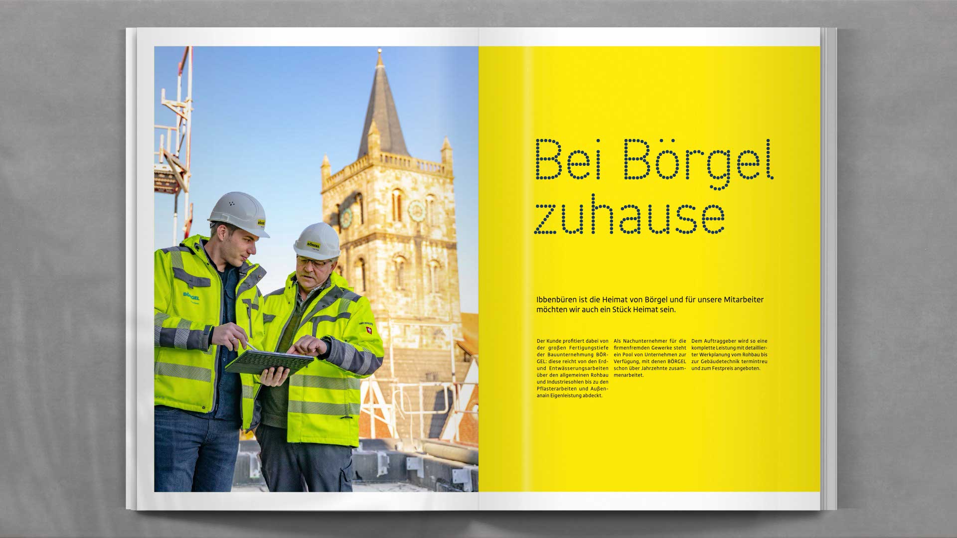 Layout mit Mitarbeiterporträts und regionalen Einblicken – zeigt die persönliche Seite des Bauunternehmens Börgel und stärkt das Employer Branding.