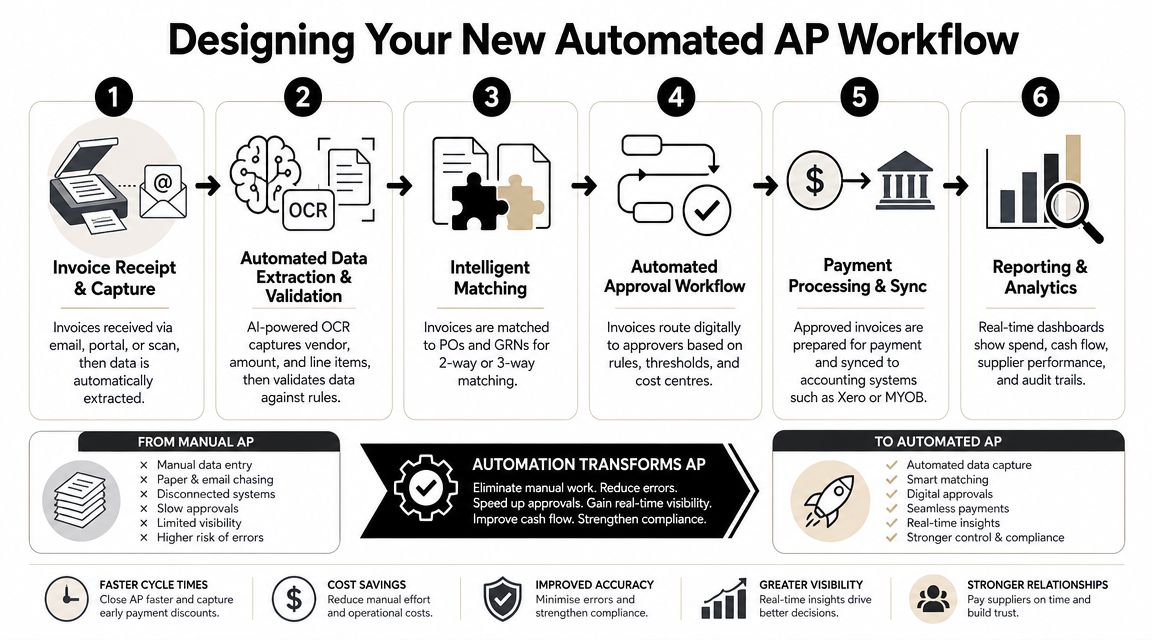 A diagram illustrating the six steps of an automated accounts payable workflow process for businesses.