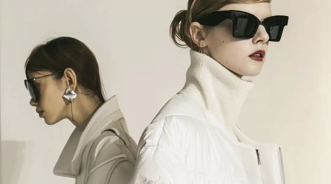 Two fashionable women in Moda sunglasses and jackets standing in a white room