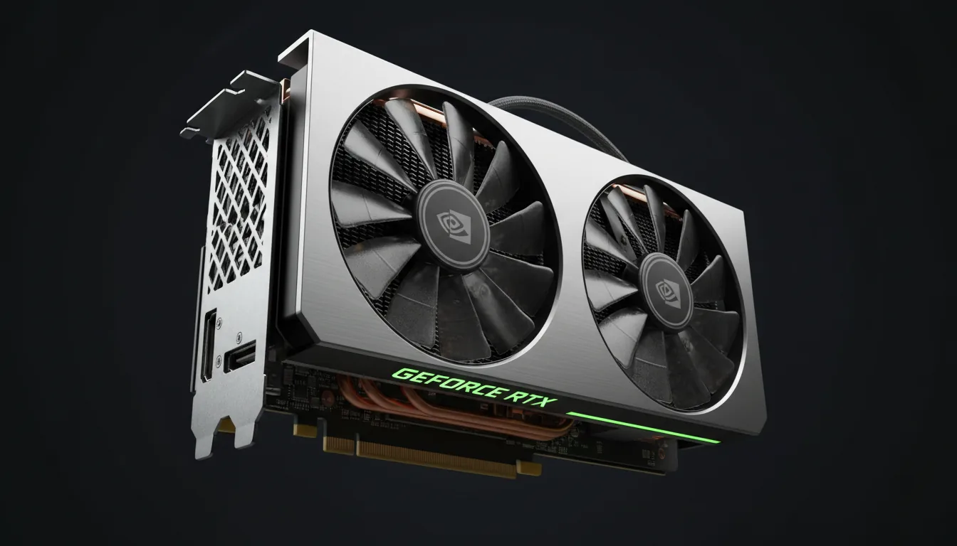 A high-detail 3D product render of a modern dual-fan NVIDIA GeForce RTX graphics card, floating against a stark black background. Soft studio lighting accentuates the textures of the brushed silver aluminum shroud and the matte black heatsink fins. The camera is positioned at a slightly low angle, capturing the side profile of the GPU in sharp, clean focus.