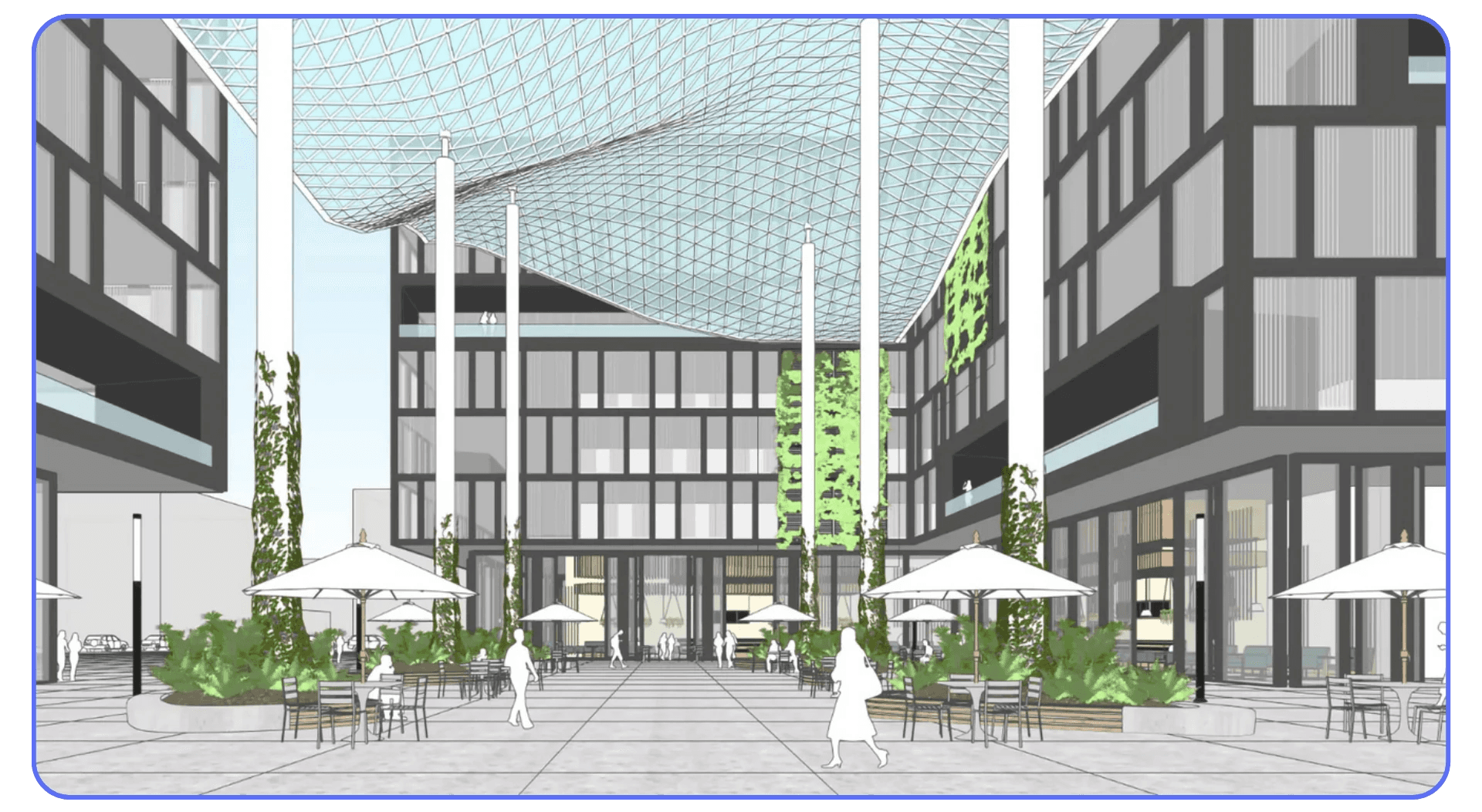 SketchUp 3D model of a modern courtyard with buildings, plants, and seating areas