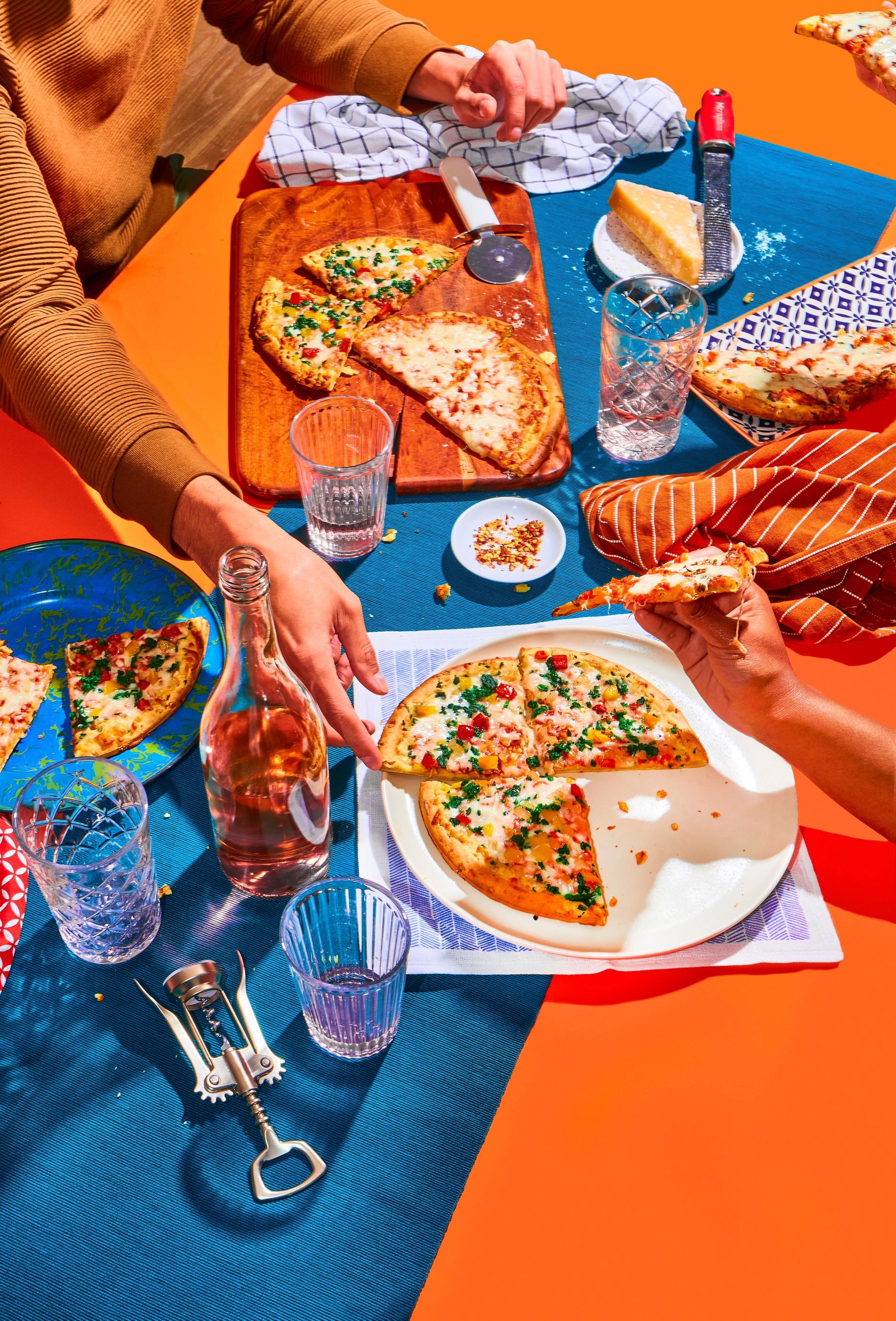 Pizza party, high angle