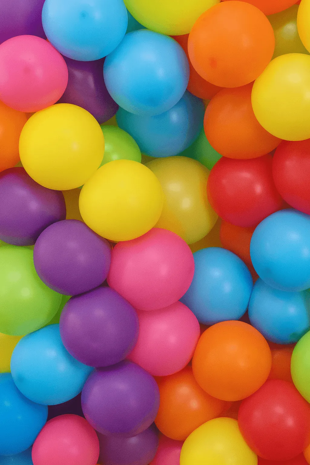 A vibrant assortment of colorful balloons in shades of red, blue, yellow, pink, purple, green, and orange, tightly clustered together, creating a cheerful and festive atmosphere.