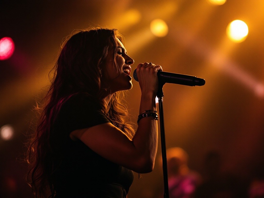 A woman singing into a microphone on stage