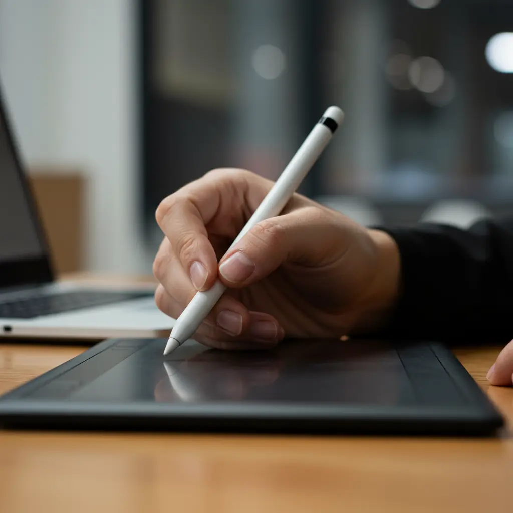 Primer plano de una mano agarrando un lapiz digital diseñando en una tablet