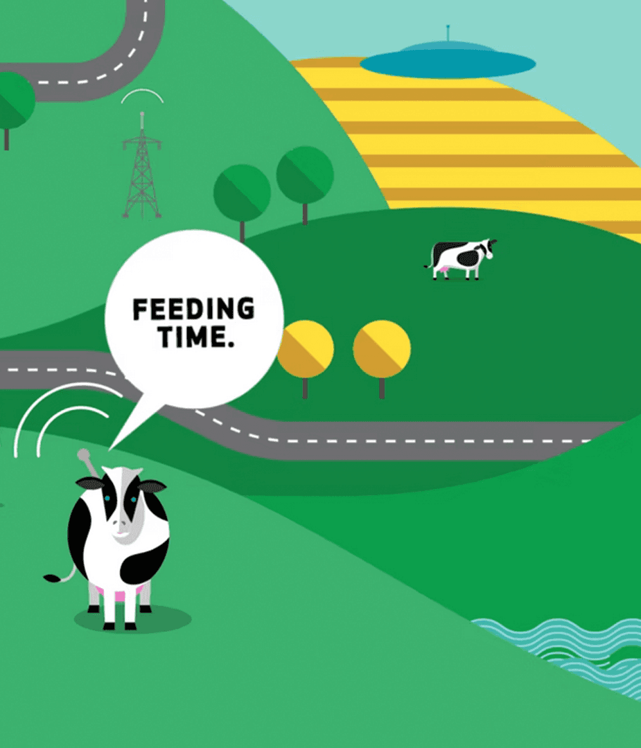 Colorful illustration of smart farming with connected cows, tractors, and sensors visualizing IoT machine-to-machine technology for Verizon explainer video.