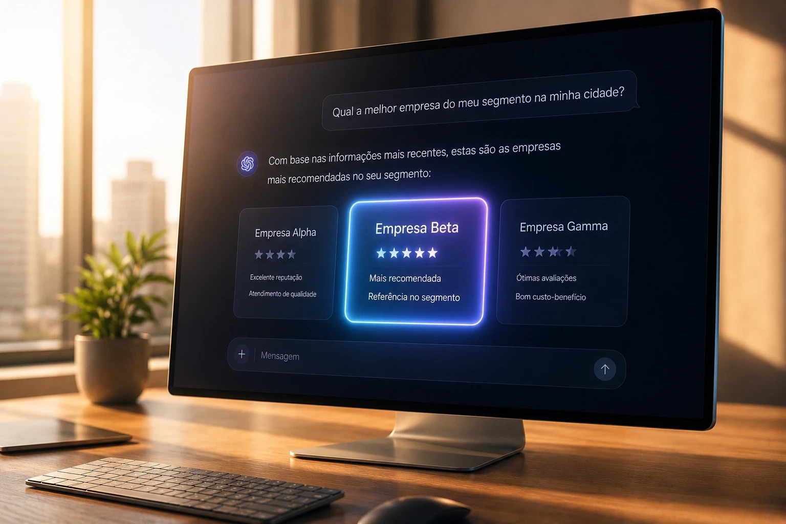 Monitor exibindo interface de IA com a pergunta sobre a melhor empresa do segmento na cidade, mostrando três empresas recomendadas com a Empresa Beta destacada por luminosidade azul-violeta, representando o resultado prático de uma estratégia de AEO bem executada.