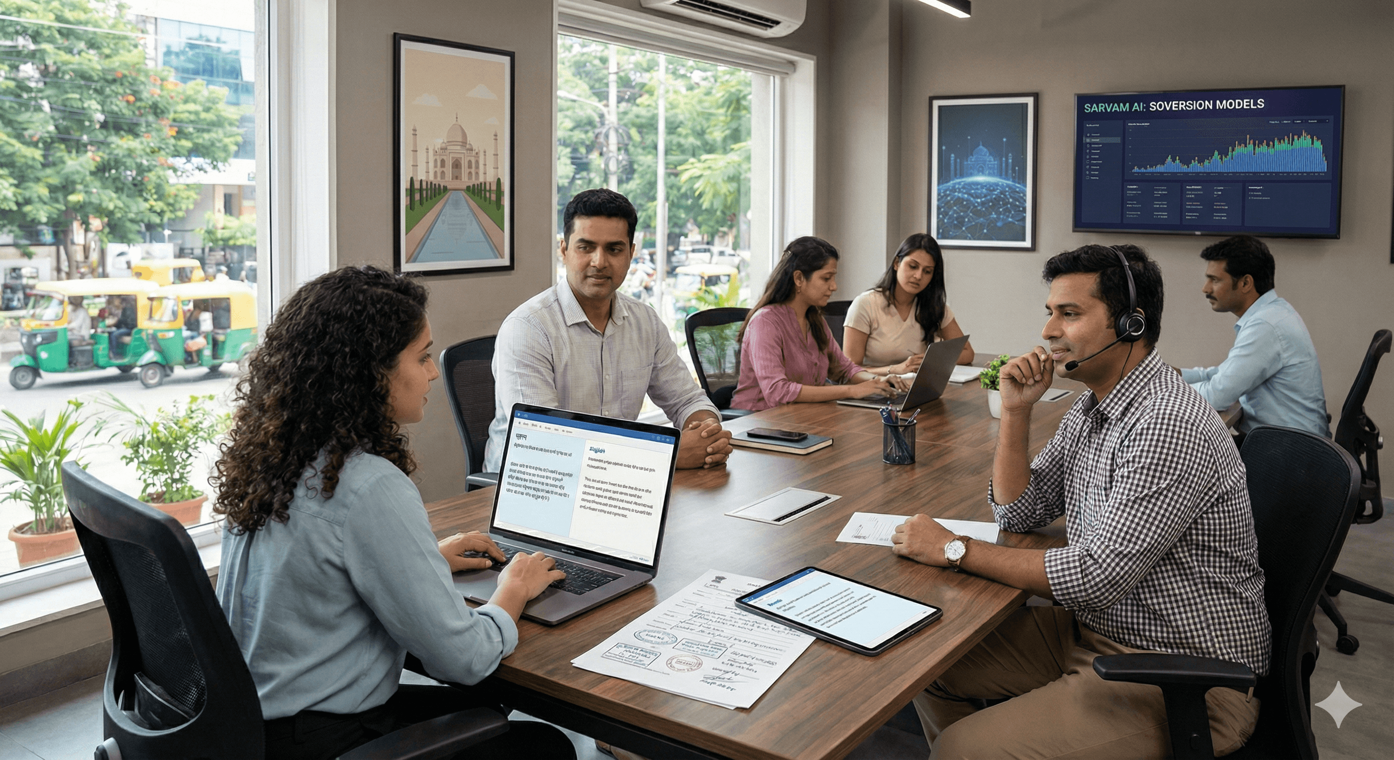 A group of professionals is seated around a conference table in a modern office discussing a project, with laptops open displaying "Sarvam AI: India’s sovereign AI" and "Bulbul V3 & OCR wins" on the screen; a wall-mounted monitor in the background shows a presentation slide.