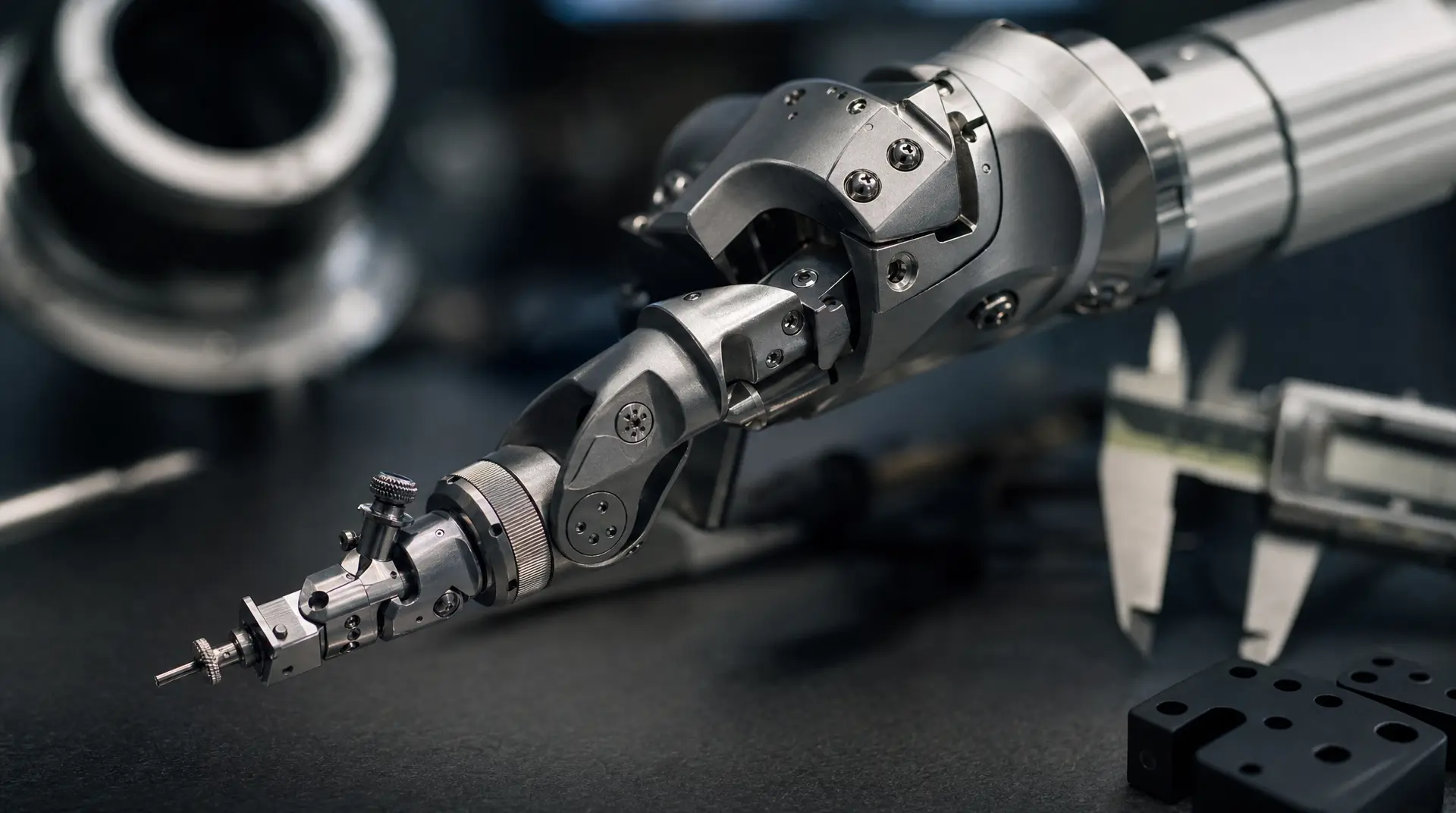 Metal robotic arm mounted on a dark lab bench, highlighting robotics branding and visual identity tech for industrial automation.