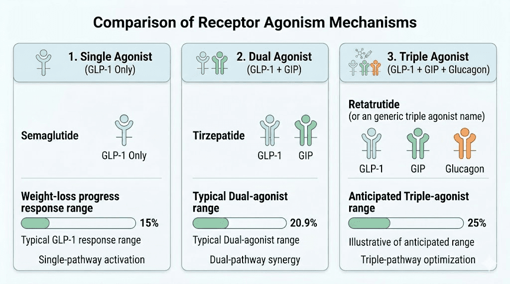 Single dual and triple receptor agonist mechanisms compared for weight loss