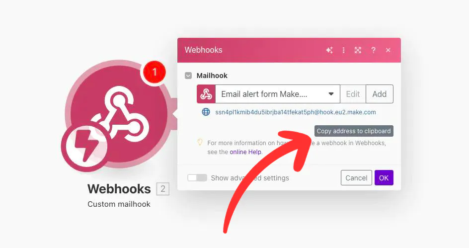 Make.com Webhooks setup interface: Custom mailhook configuration with email alert form and webhook address, demonstrating Slack integration process