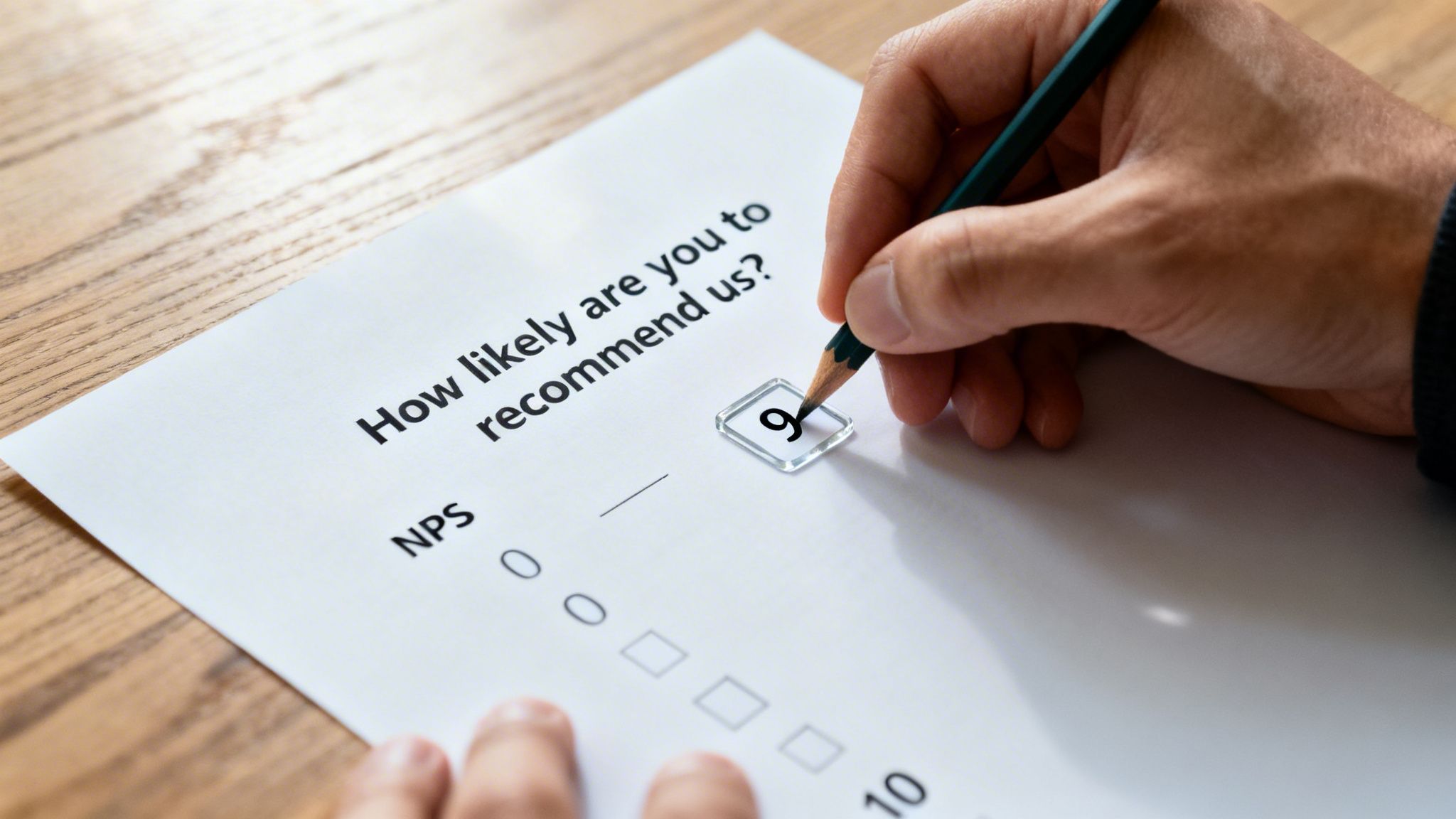A hand uses a pencil to mark a 9 on a Net Promoter Score survey asking about recommendation likelihood.