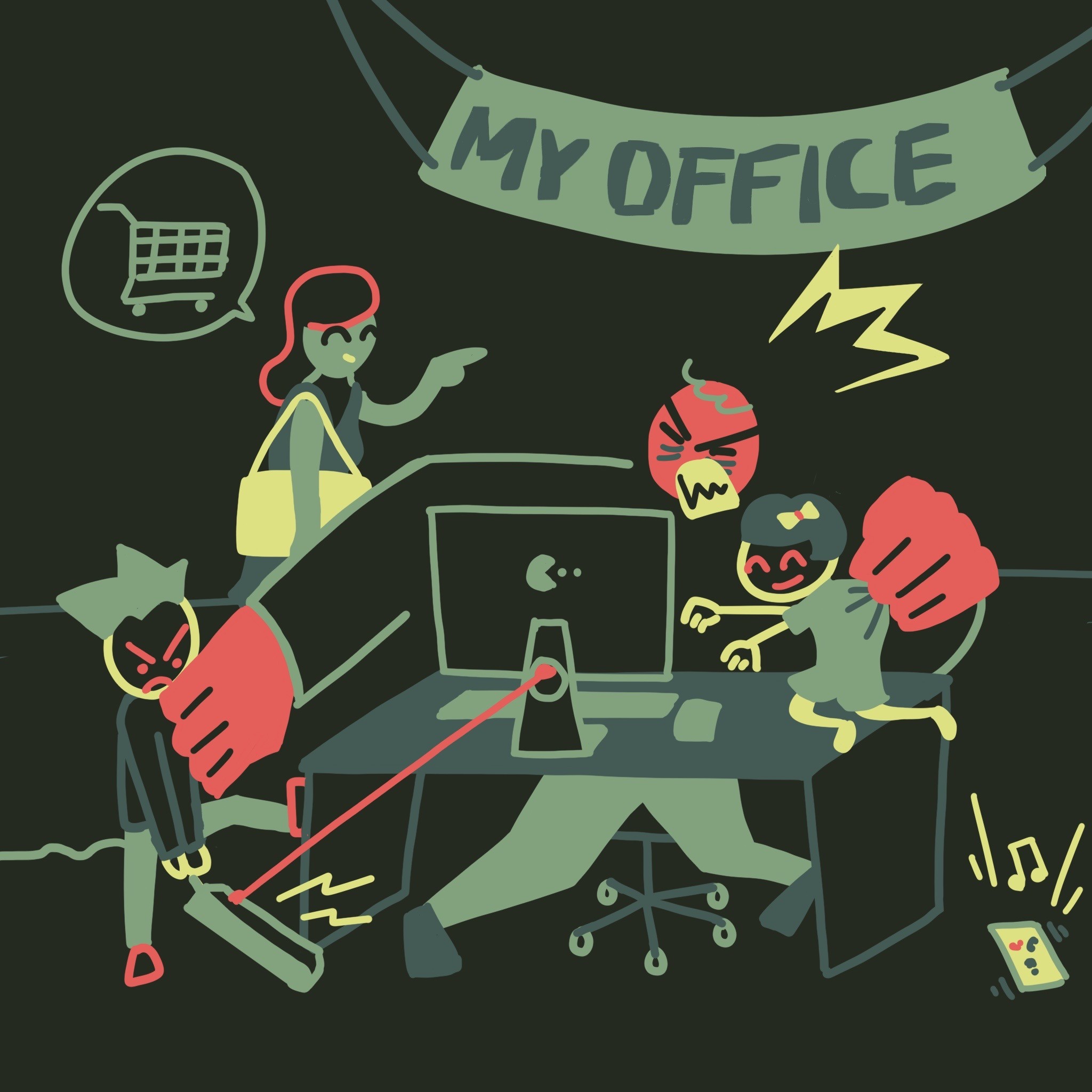 Funny illustration about HomeOffice during Covid with the kids at home fighting and the father trying to work.