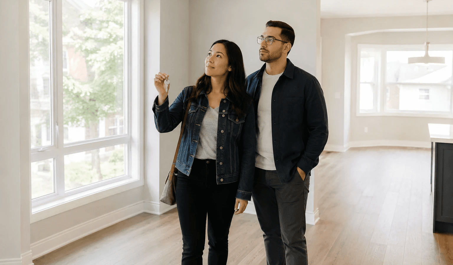 Purchasers viewing an empty residential property before occupying the home following a real estate purchase.