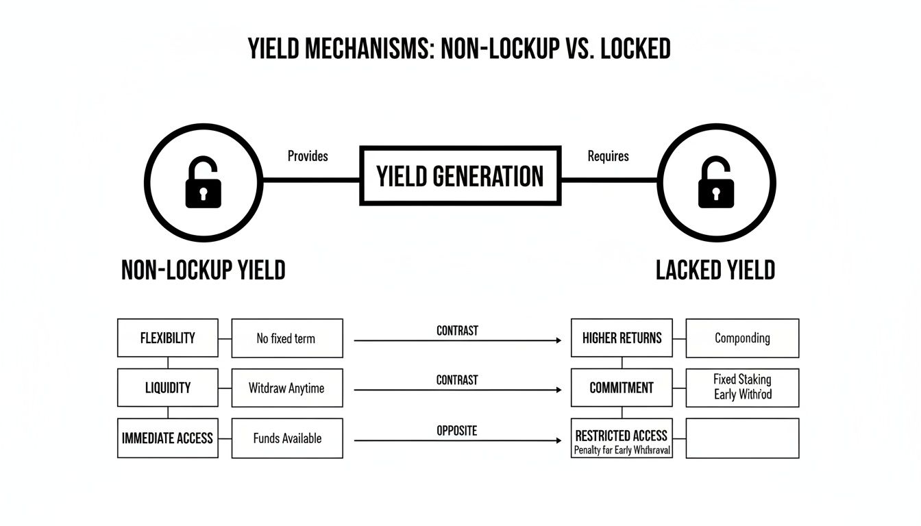 Diagram comparing non-lockup and locked yield mechanisms, highlighting flexibility, liquidity, commitment, and access.