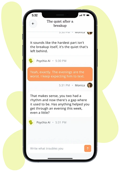 Screenshot of the Psychia AI app chat, offering support after a breakup