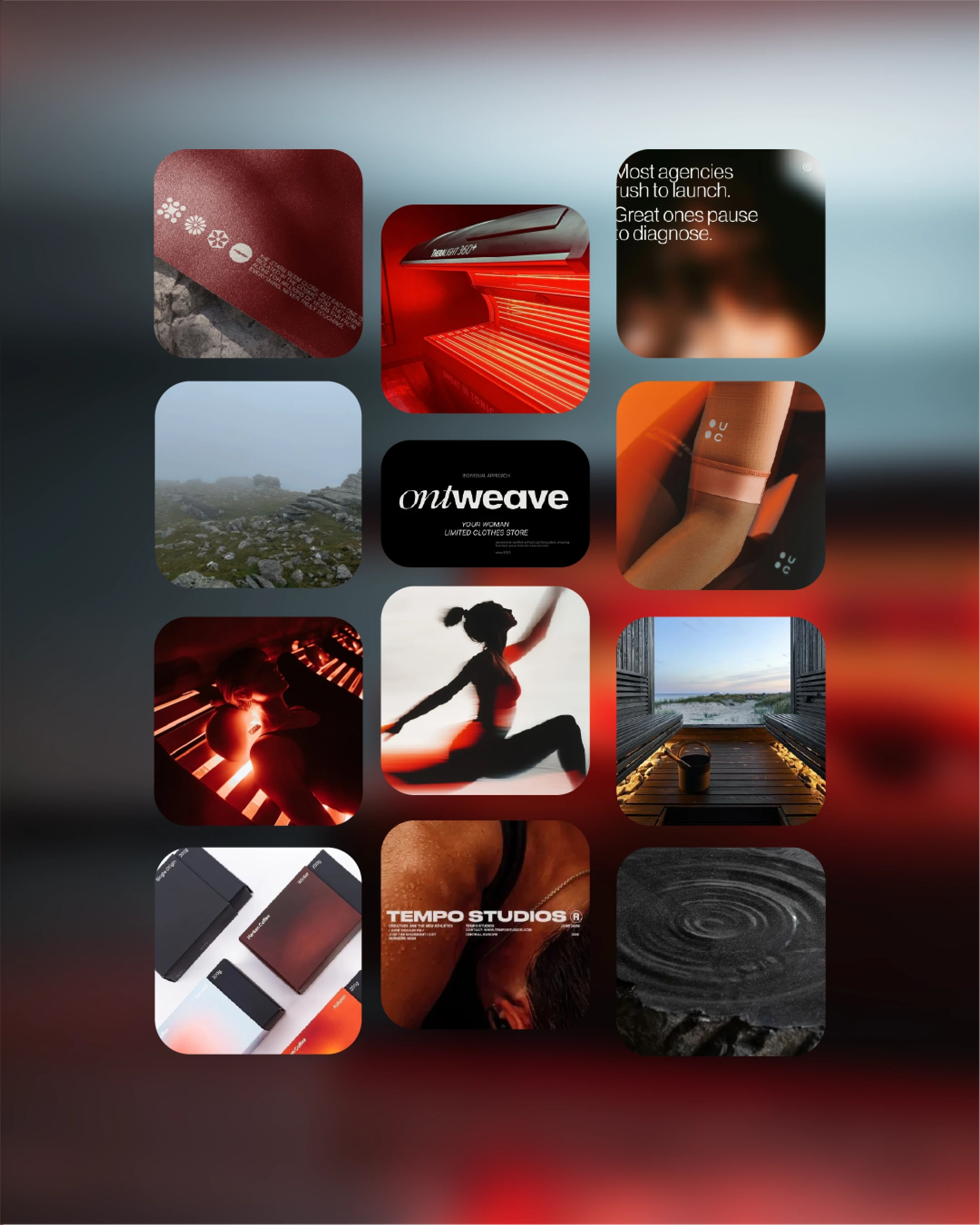 Camden's House brand moodboard — red light therapy, movement, wellness architecture, and recovery references