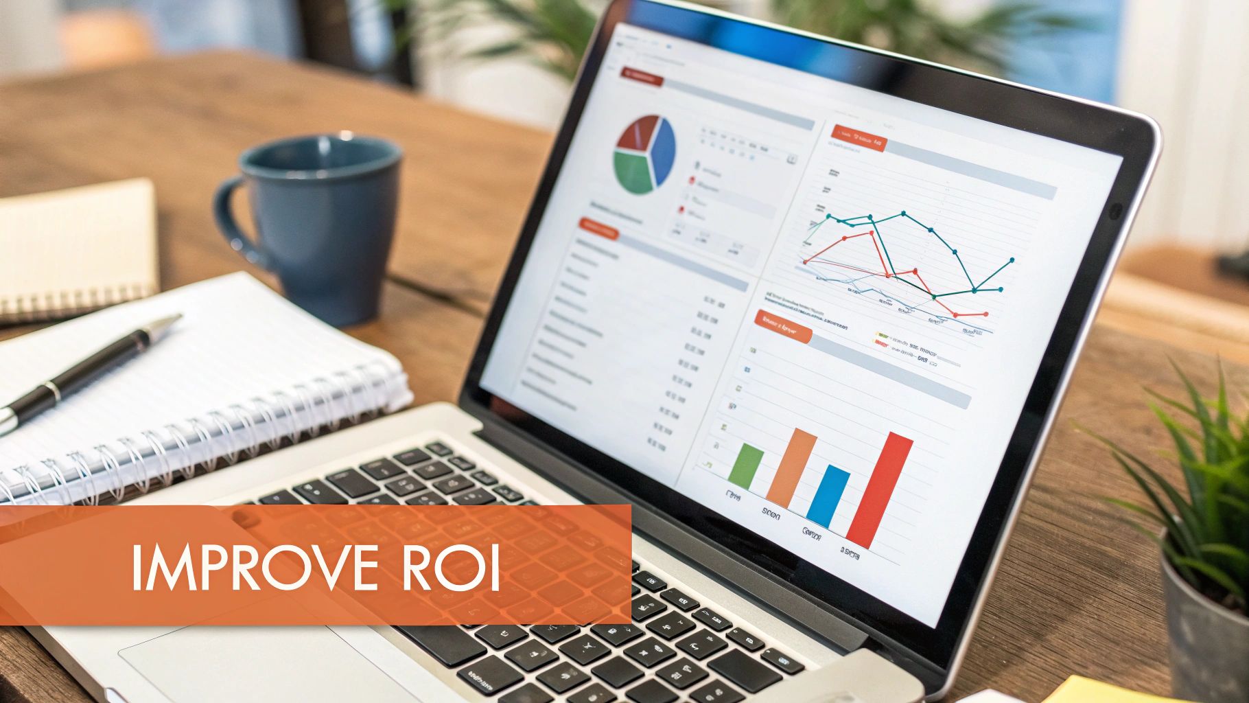 A laptop showing business analytics and ROI improvement on a wooden desk with coffee and a notebook.