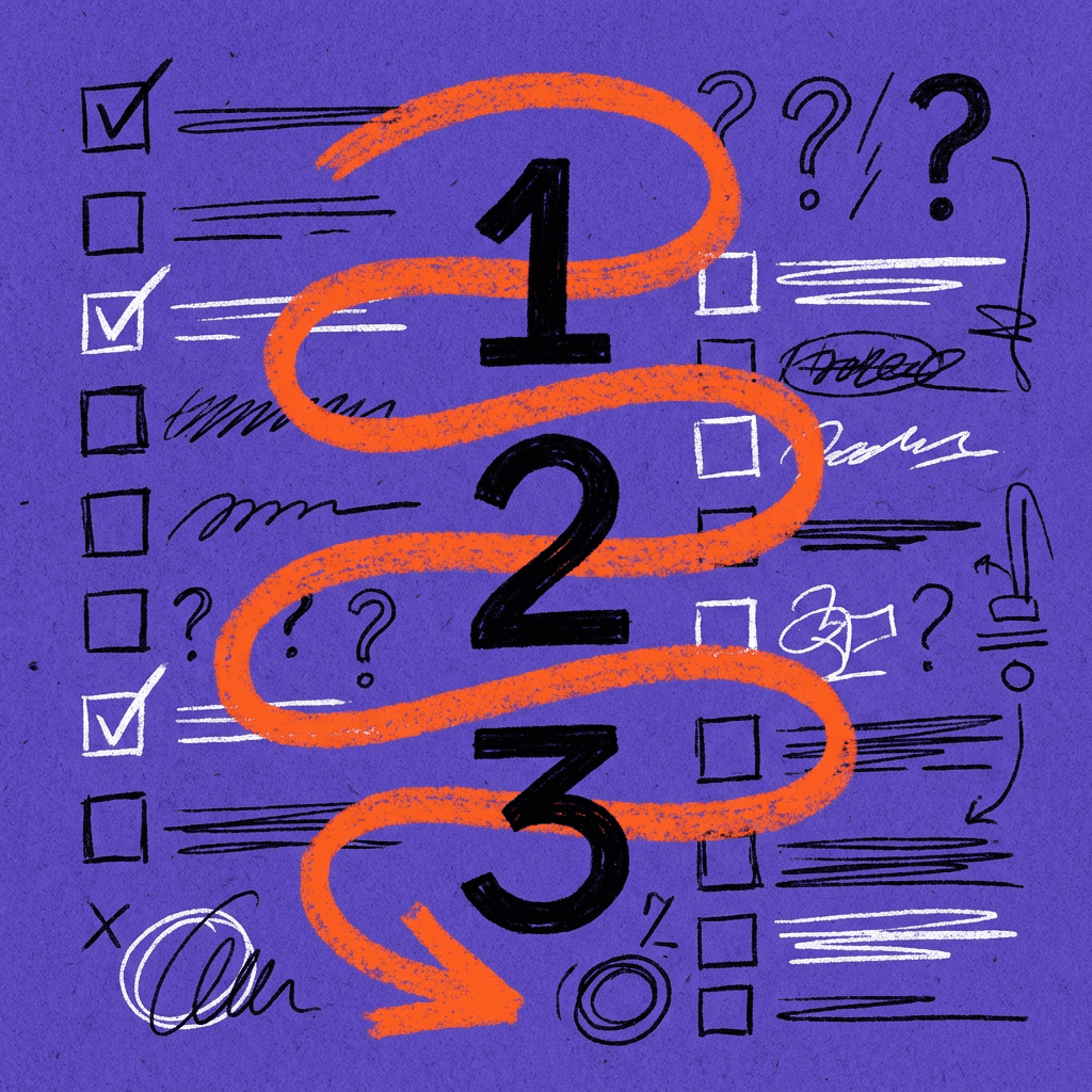 Handgezeichnete Illustration der Zahlen 1, 2, 3 mit einem orangen Pfeil, der den Prozess von oben nach unten verdeutlicht, umgeben von Checkboxen und Fragezeichen auf lila Hintergrund.