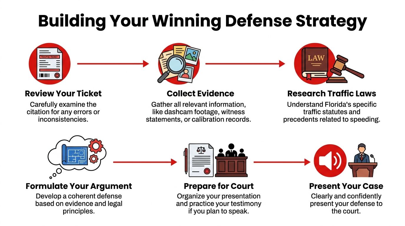 A six-step infographic guide detailing how to build a winning defense strategy for fighting speeding tickets.