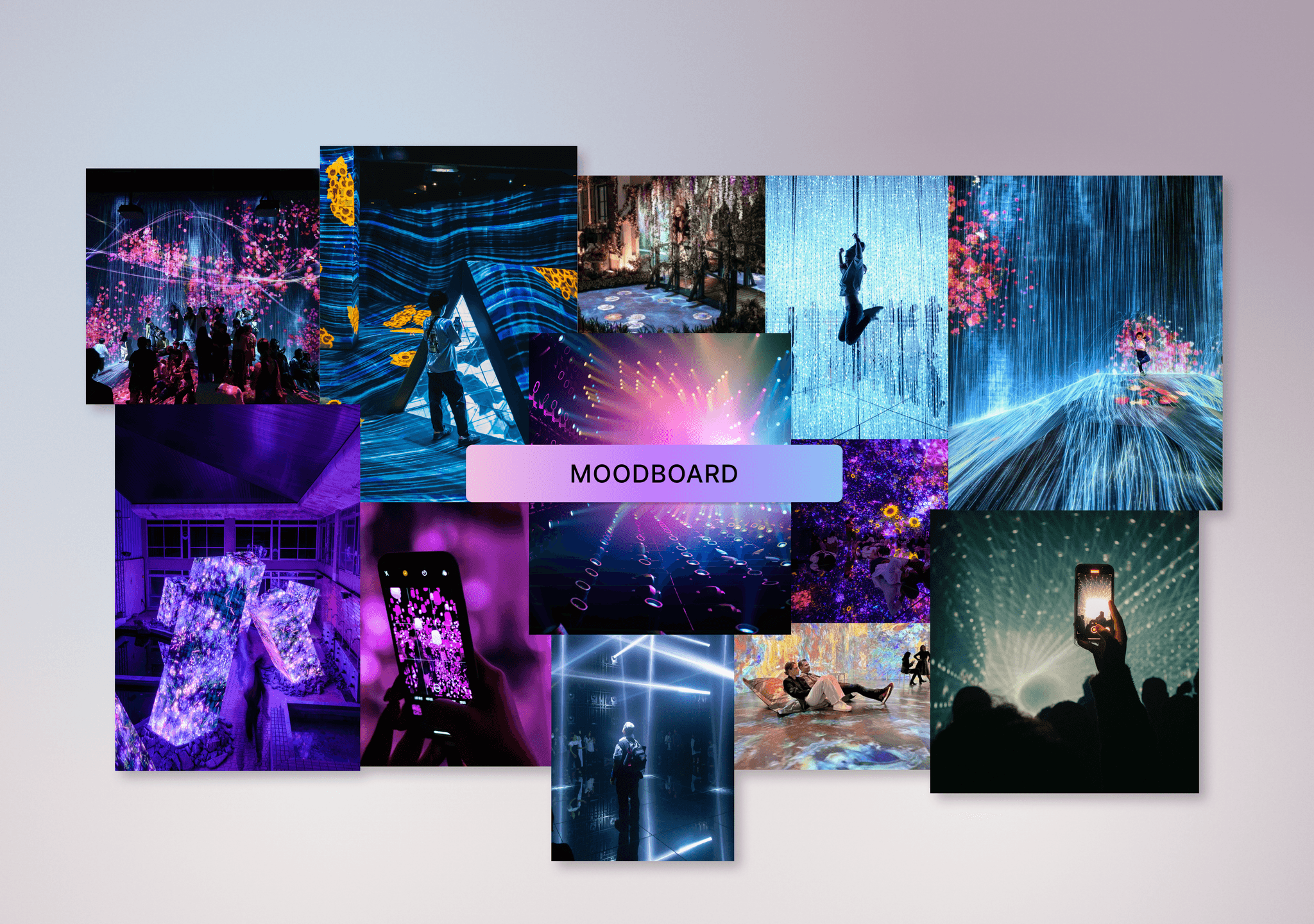 Moodboard for the Konstella project showing a collage of vibrant images with light installations, digital art, and immersive festival experiences in purple and blue tones
