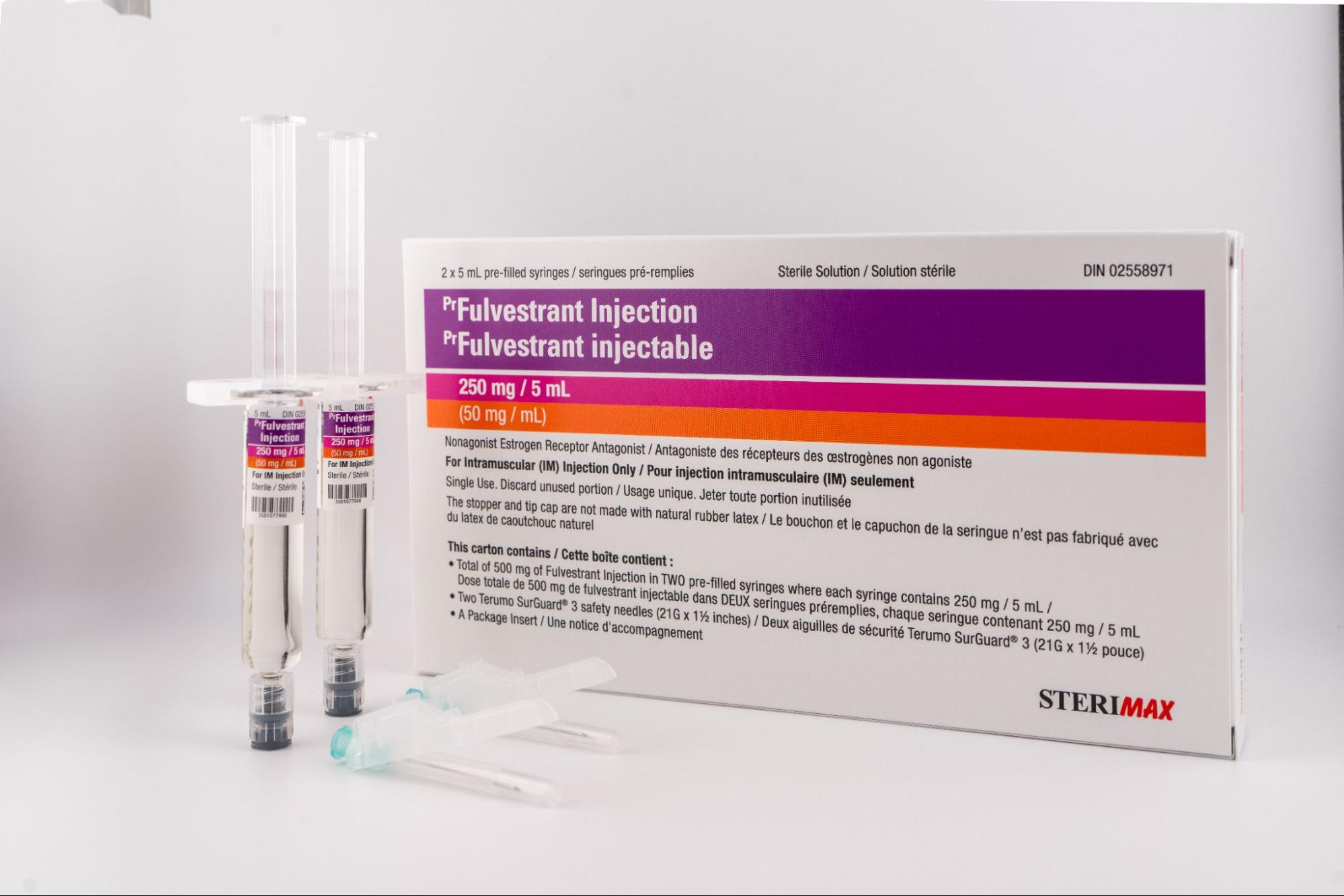 Two pre-filled syringes standing next to a SteriMax box of Fulvestrant Injection, 250 mg / 5 mL.