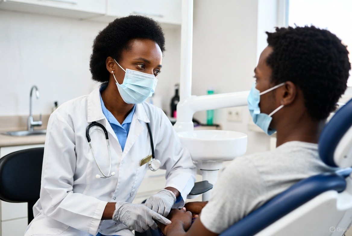 Doctor consults with a distressed male patient in office.
