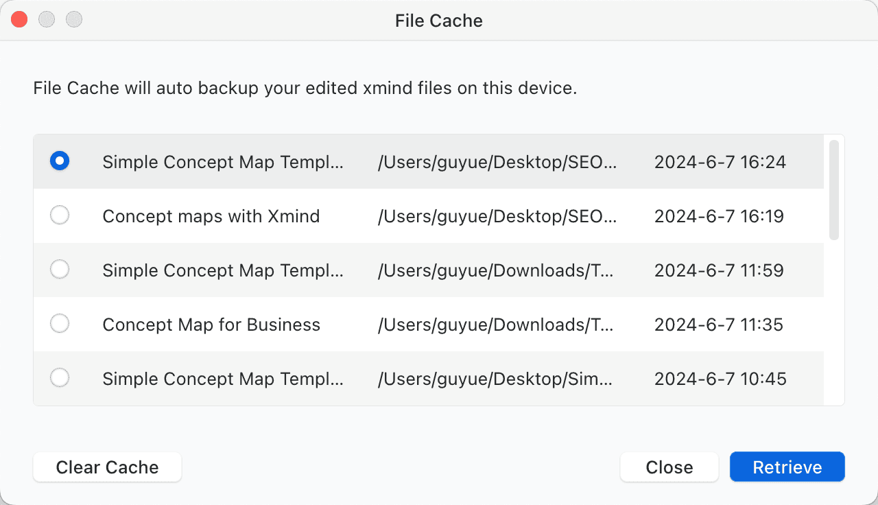 File Cache interface displaying a list of auto-backup Xmind files with timestamps and options to clear or retrieve.