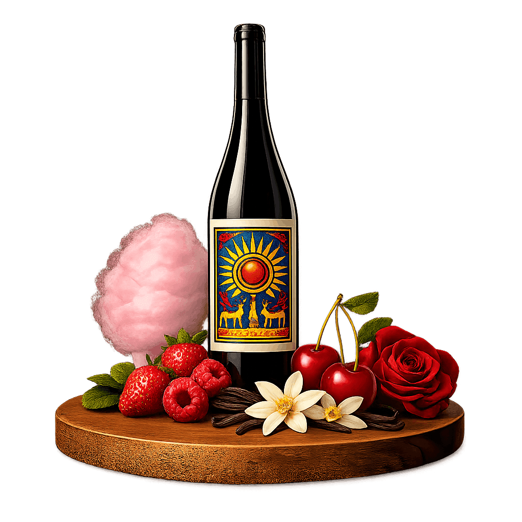 Artistic label and flavor profile for Anatolia Kalecik Karası on a rustic wooden table.