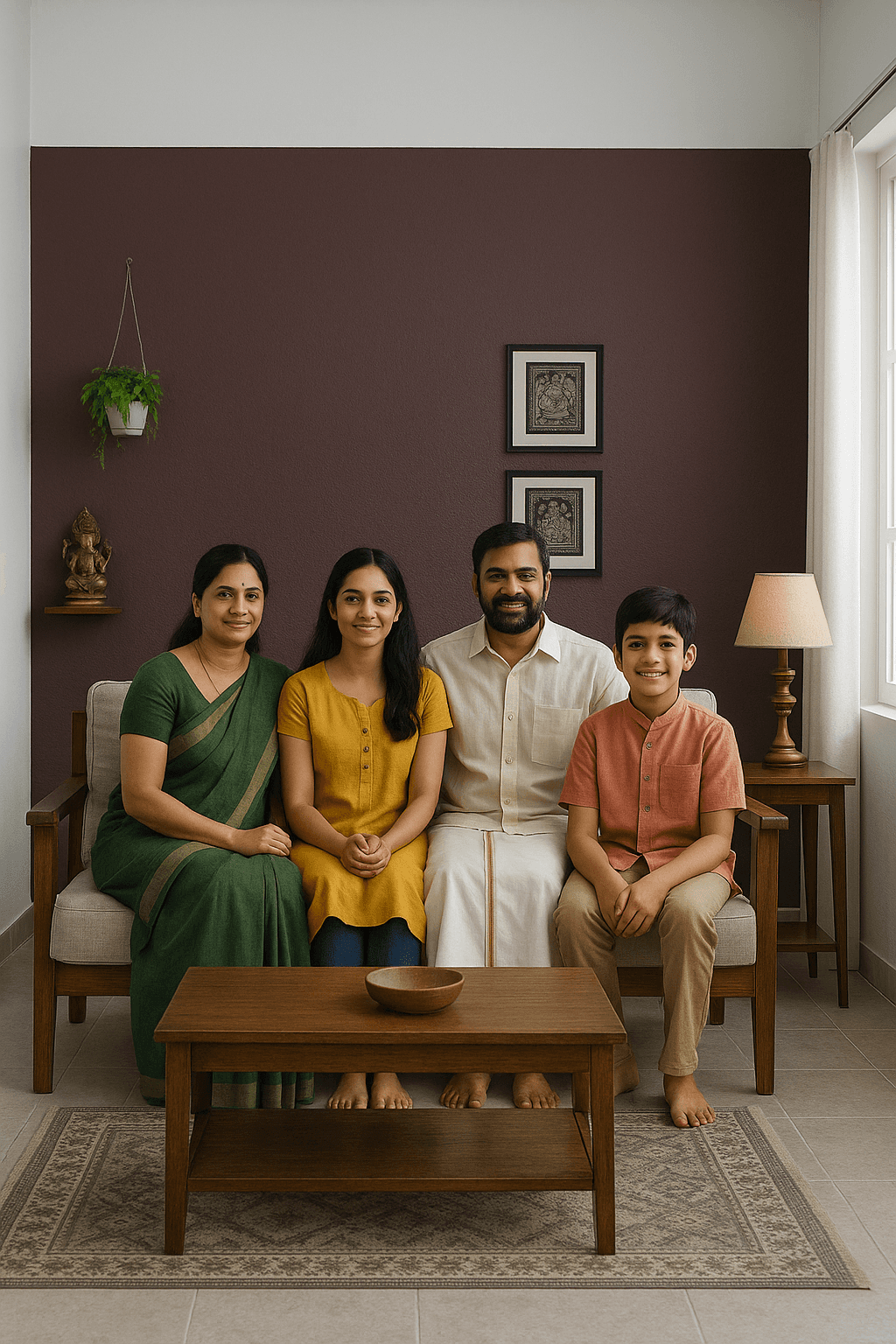 South Indian family sitting inside their house with vibrant Royaltec paint finish