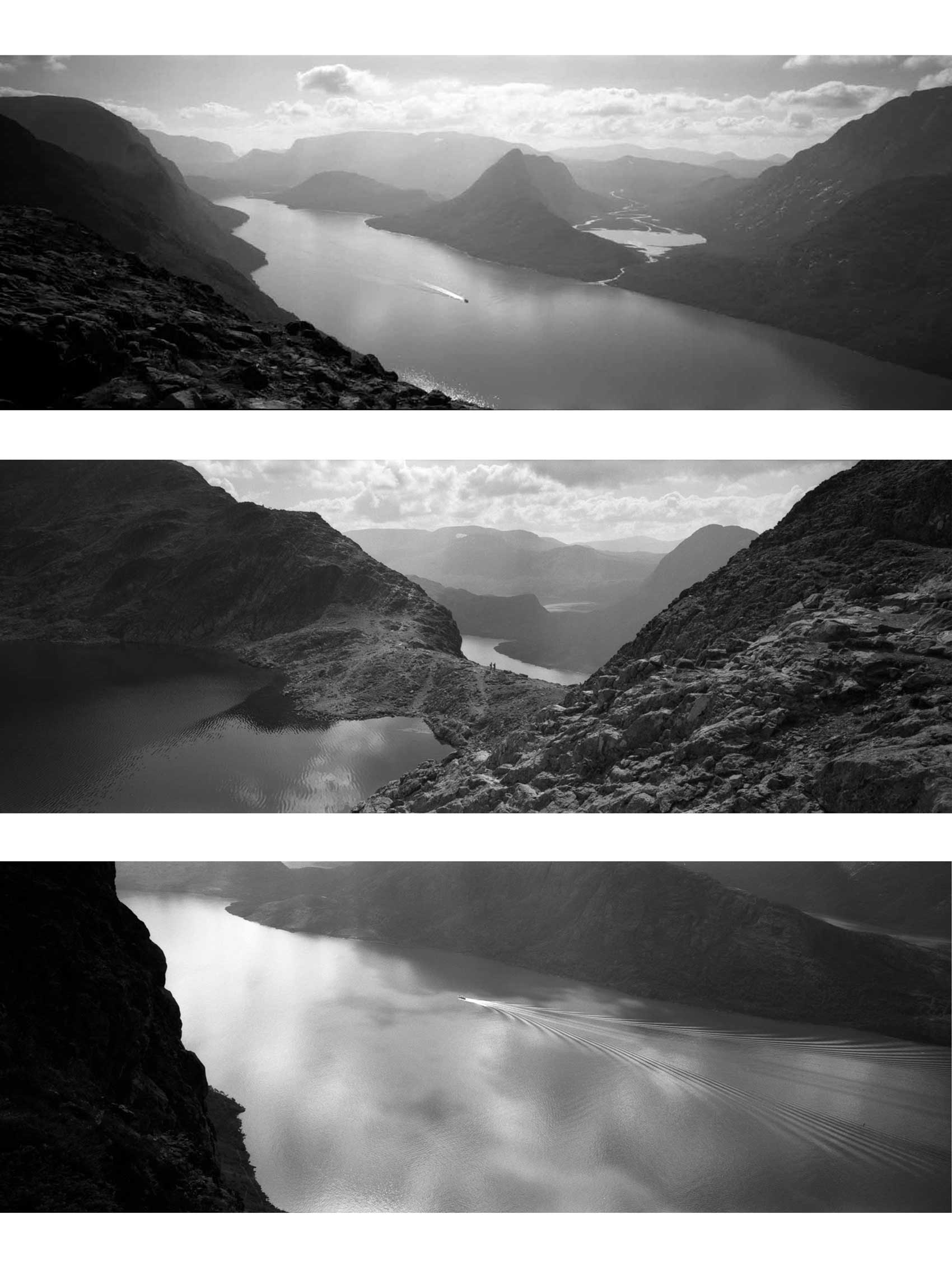 Panoramic film mountains triptych wall art from Norway Besseggen hike, capturing the vast landscape with some tiny details in black and white.