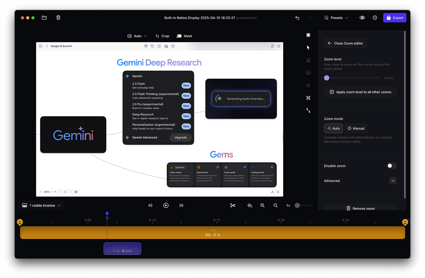 Screen Studio automatically zooms in on your cursor, increases the cursor size and smooths its movements.